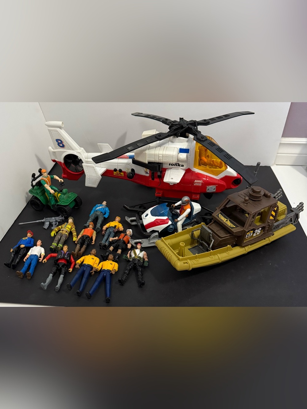 Vintage Tonka Mighty Fleet Helicopter, Chap Mei Boat & Action Figure Lot